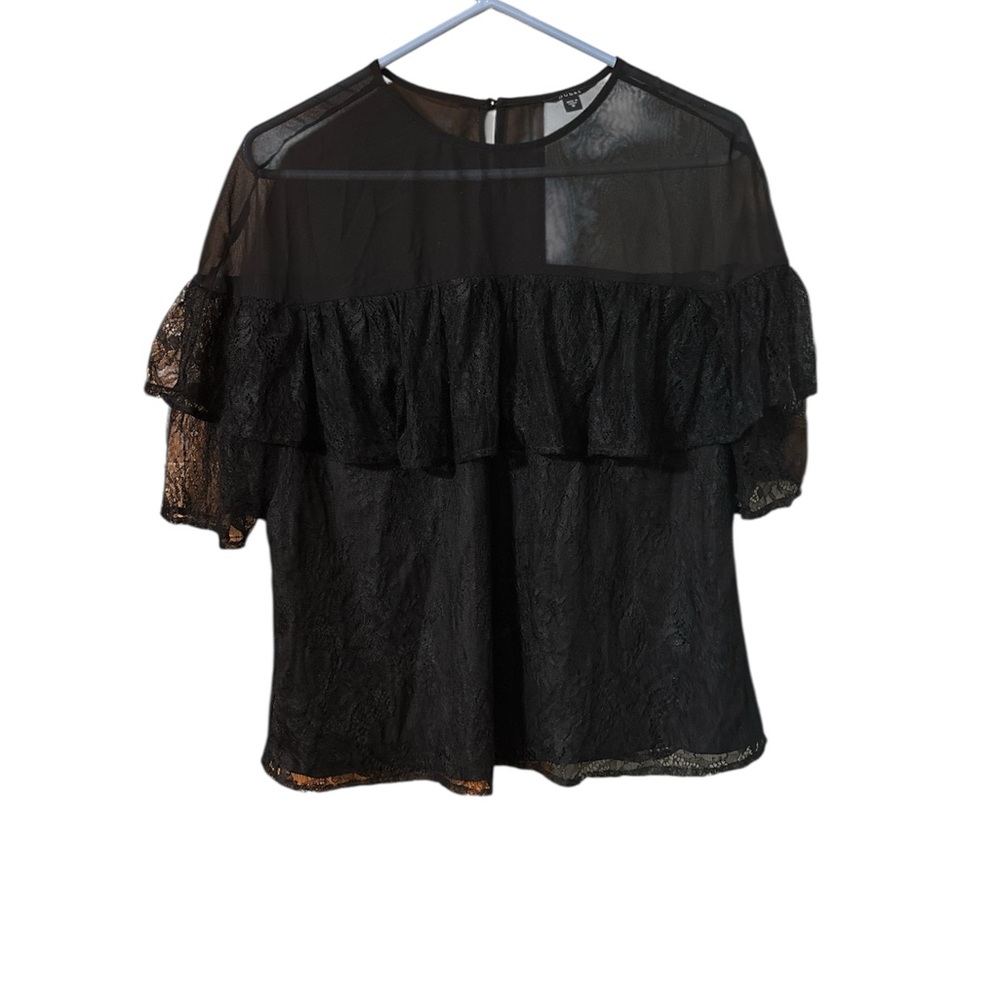 Guess Black Ruffled Sheer Short Sleeve Blouse EUC Medium